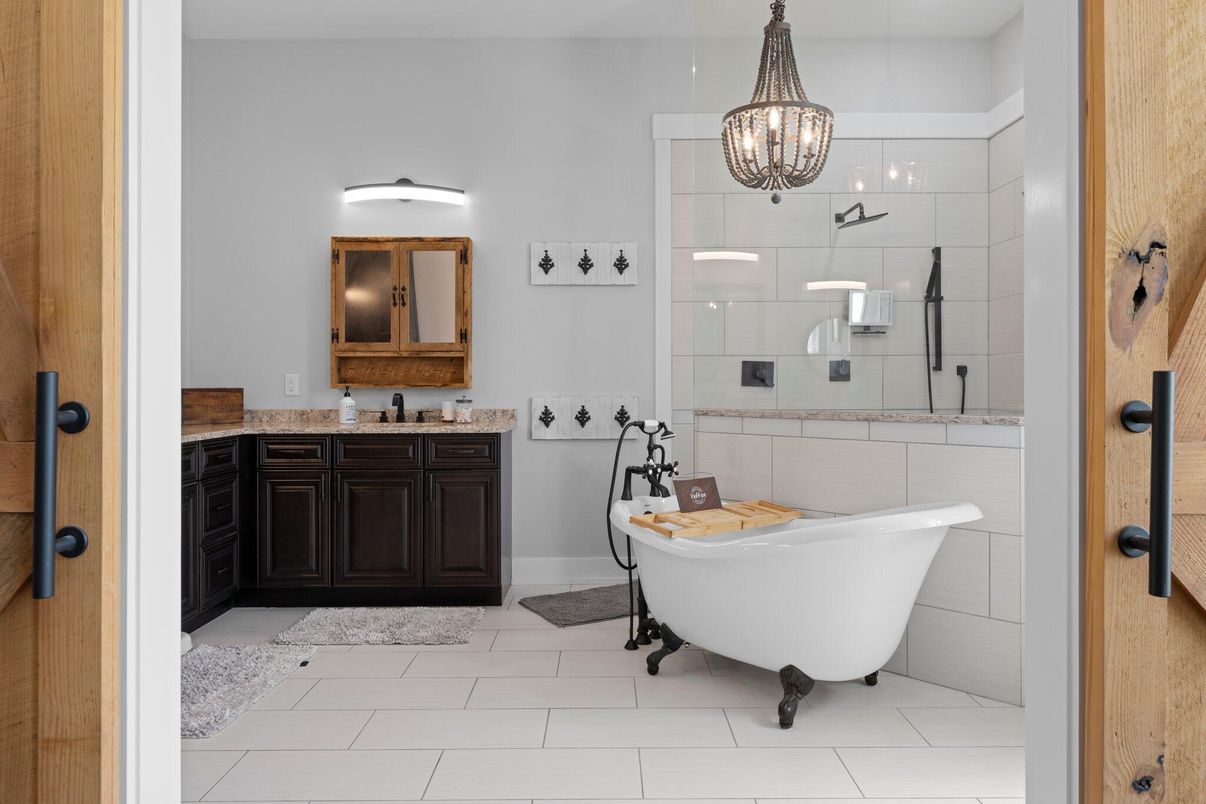 Bathroom, Dual Sink Vanities, Free Standing Baths, Glass Shower, Interior, Pendant Lights