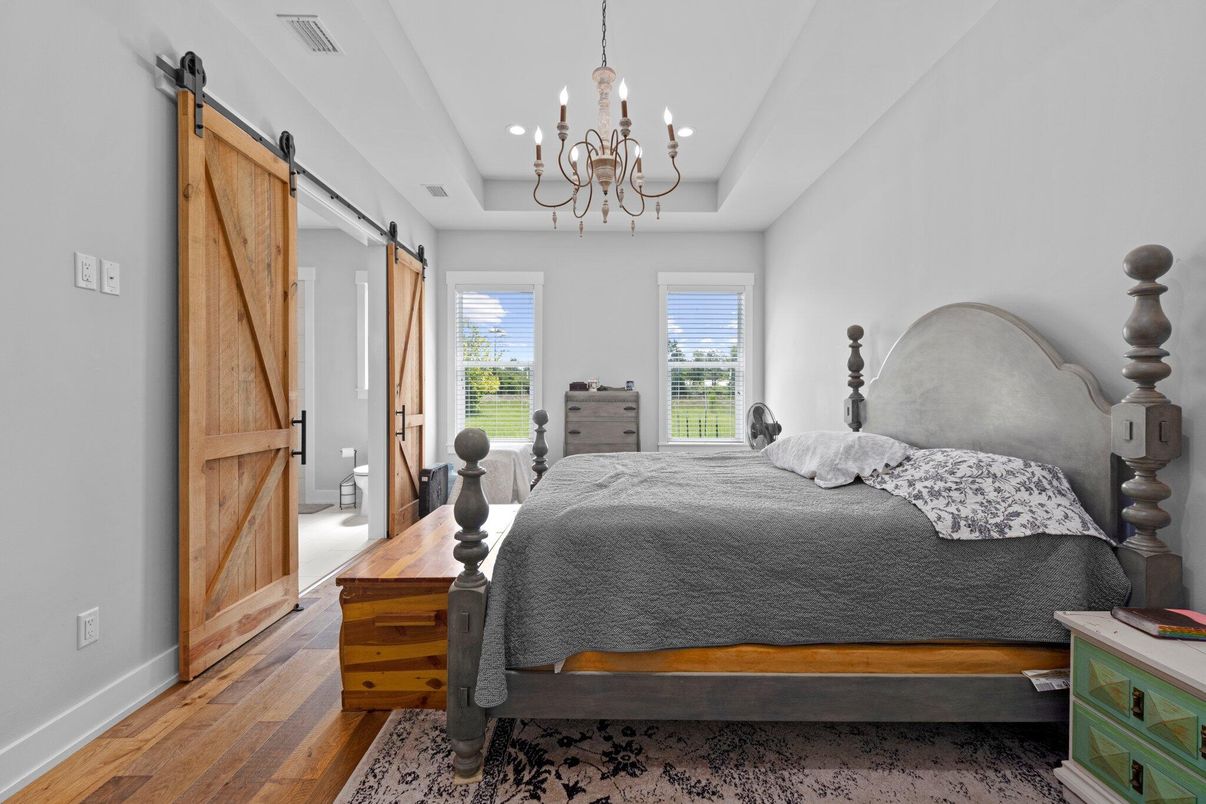 Bedroom, Chandelier, Interior, Recessed Lighting, Wood Texture Flooring