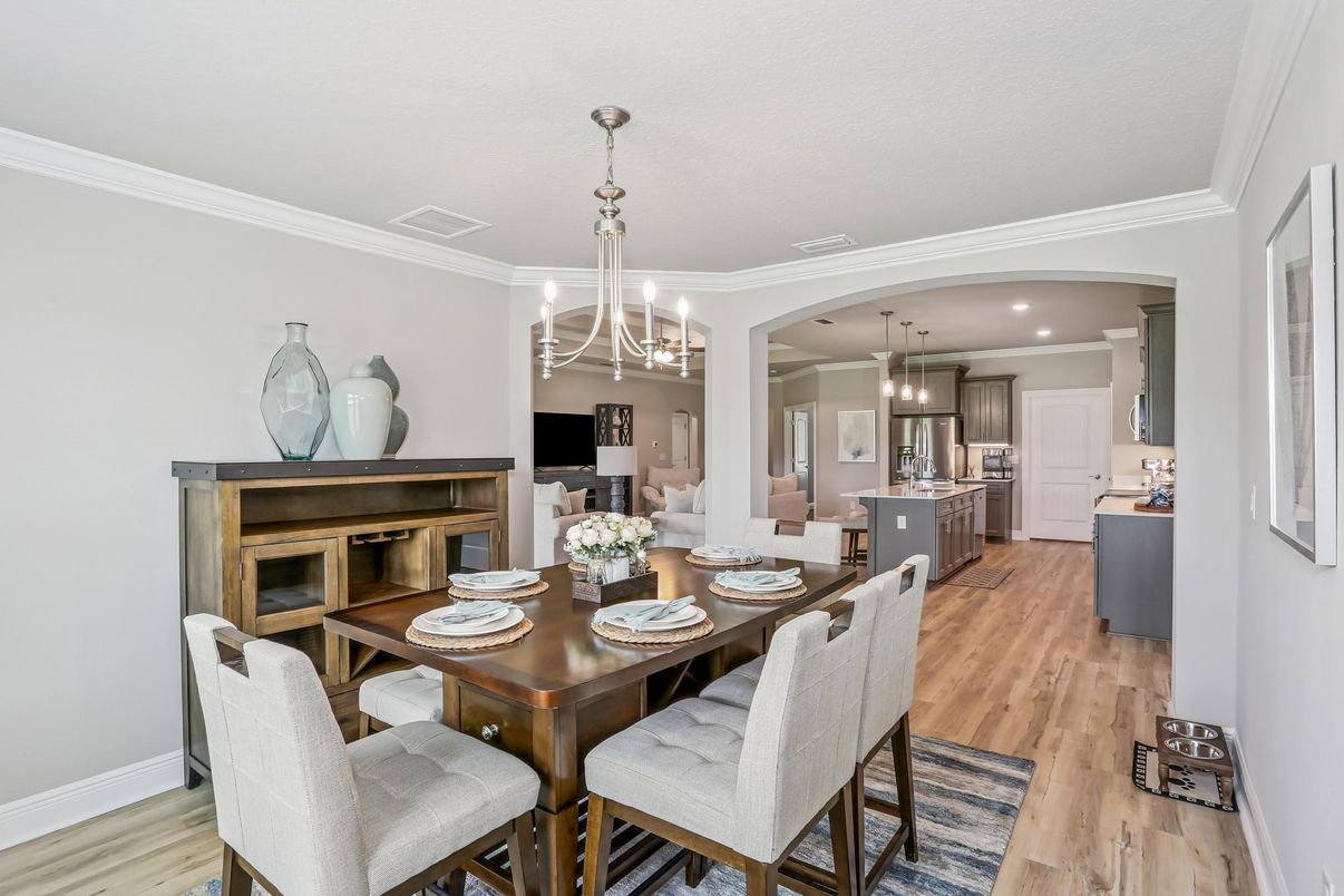 Chandelier, Dining room, Interior, Kitchen, Pendant Lights, Recessed Lighting, Stainless Steel Appliances, Wood Texture Flooring