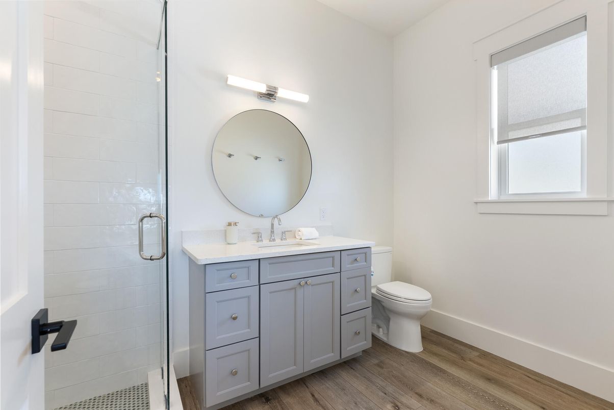 Bathroom, Glass Shower, Interior, Wood Texture Flooring