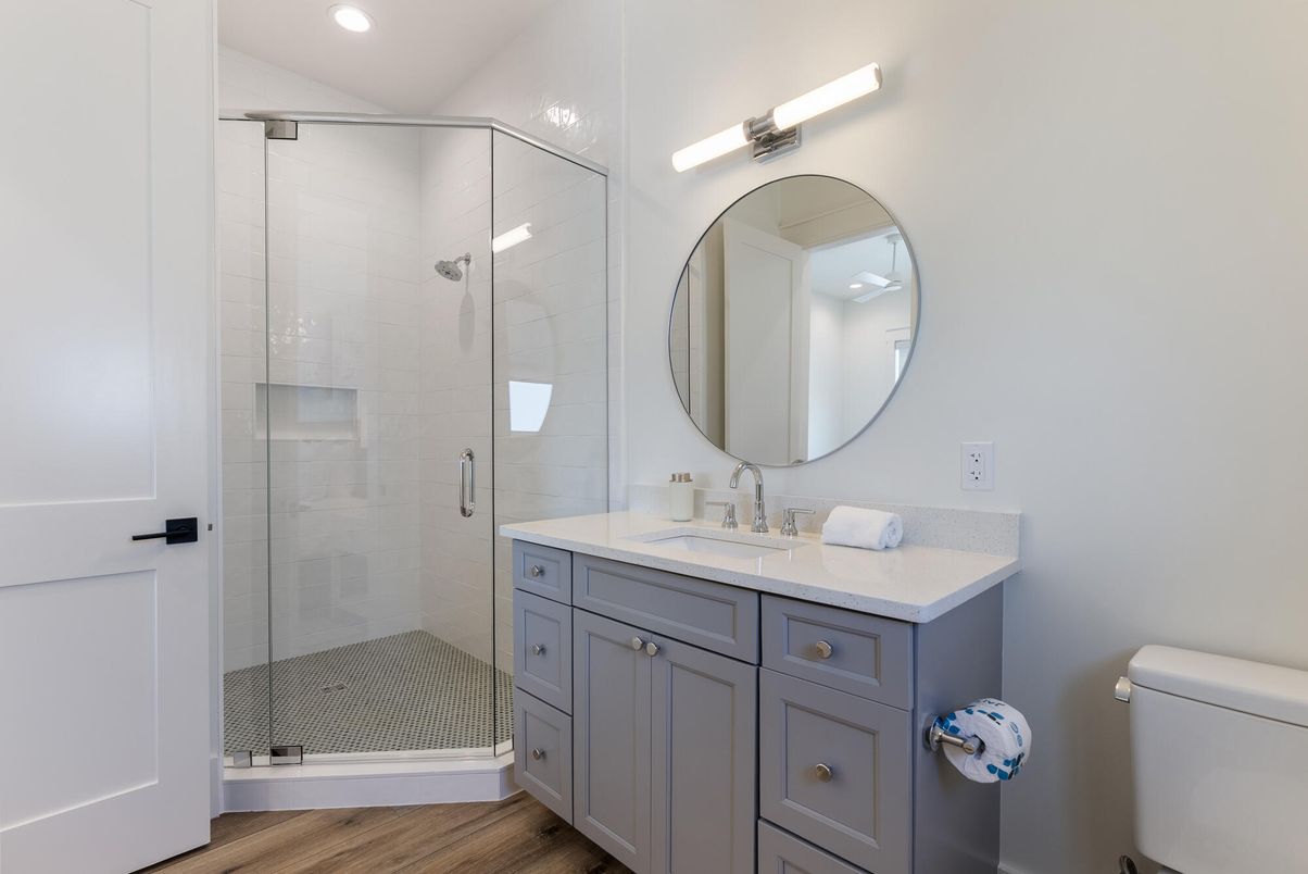 Bathroom, Glass Shower, Interior, Recessed Lighting, Wood Texture Flooring