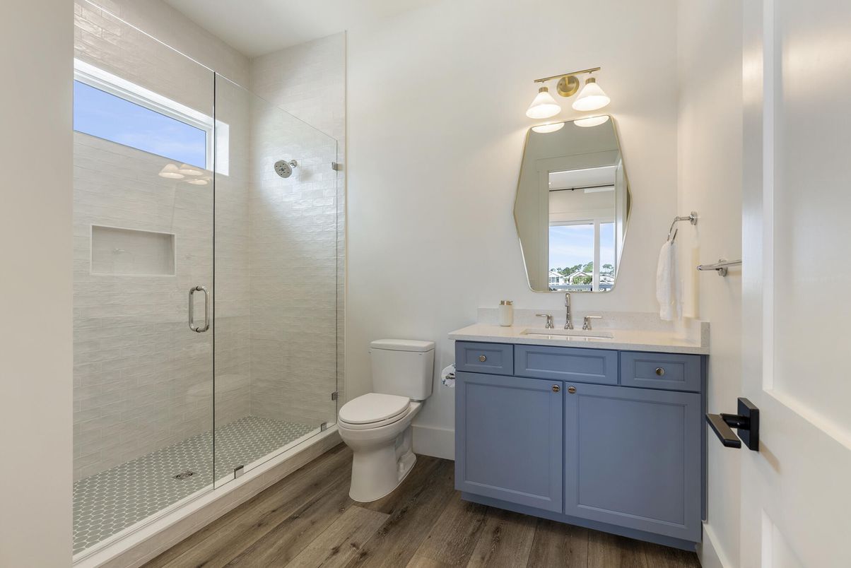 Bathroom, Glass Shower, Interior, Wood Texture Flooring