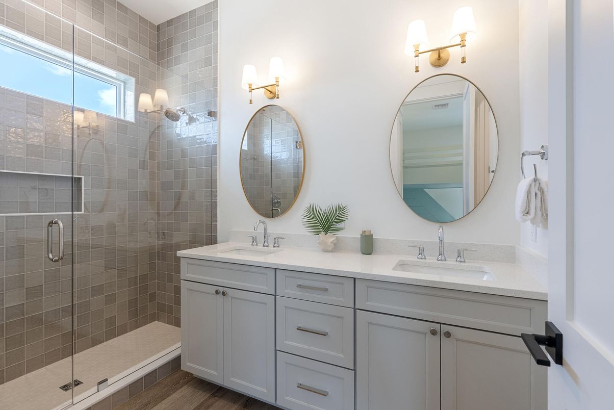 Bathroom, Dual Sink Vanities, Glass Shower, Interior, Wood Texture Flooring
