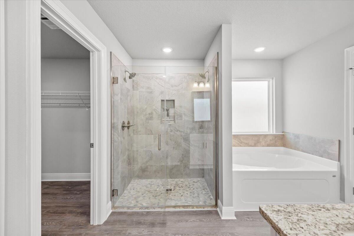 Bathroom, Glass Shower, Interior, Marble Walls, Recessed Lighting, Wood Texture Flooring