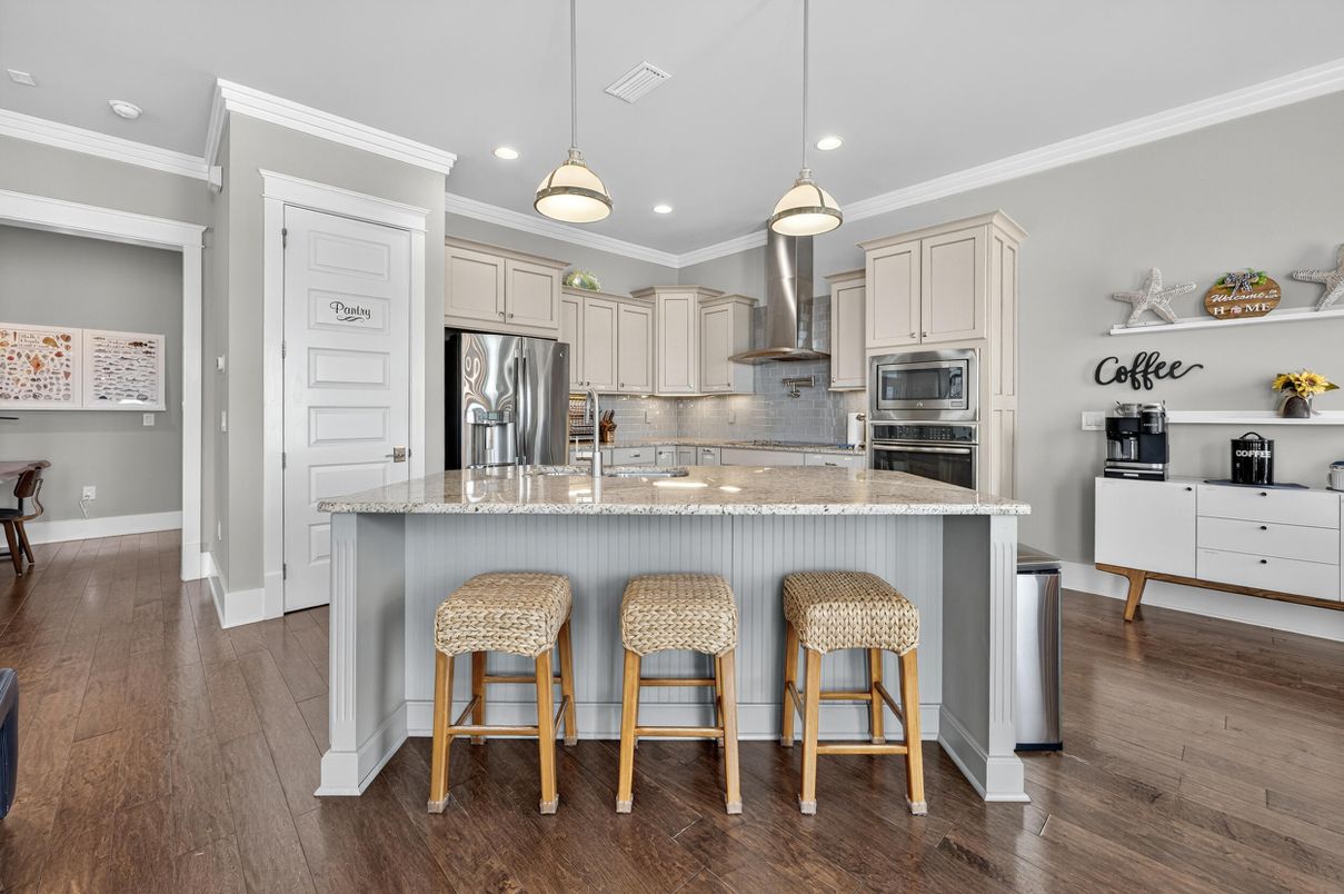 Interior, Kitchen, Pendant Lights, Recessed Lighting, Stainless Steel Appliances, Wood Texture Flooring