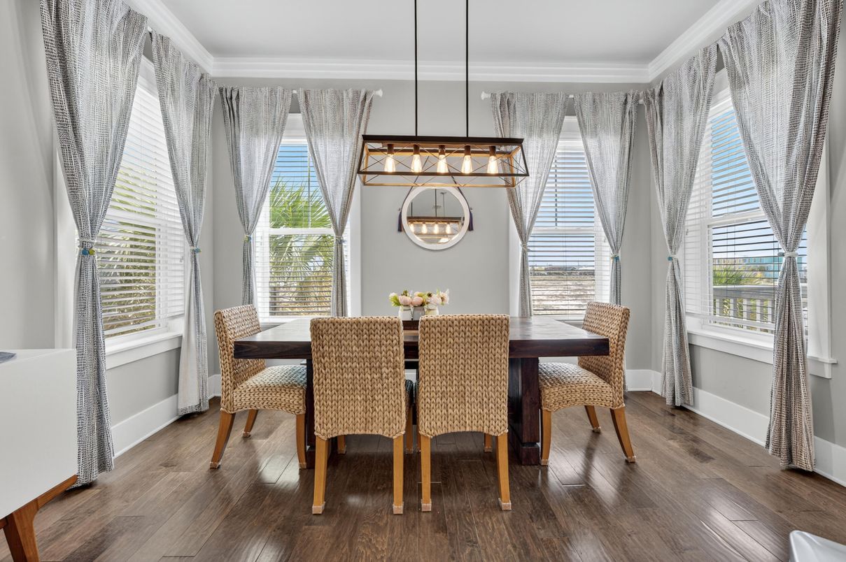 Dining room, Interior, Pendant Lights, Wood Texture Flooring