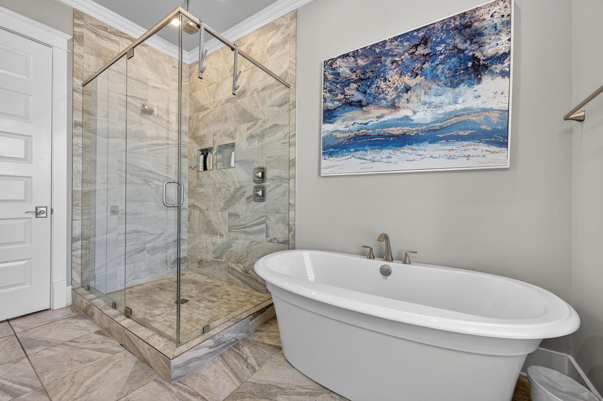 Bathroom, Free Standing Baths, Glass Shower, Interior, Marble Walls