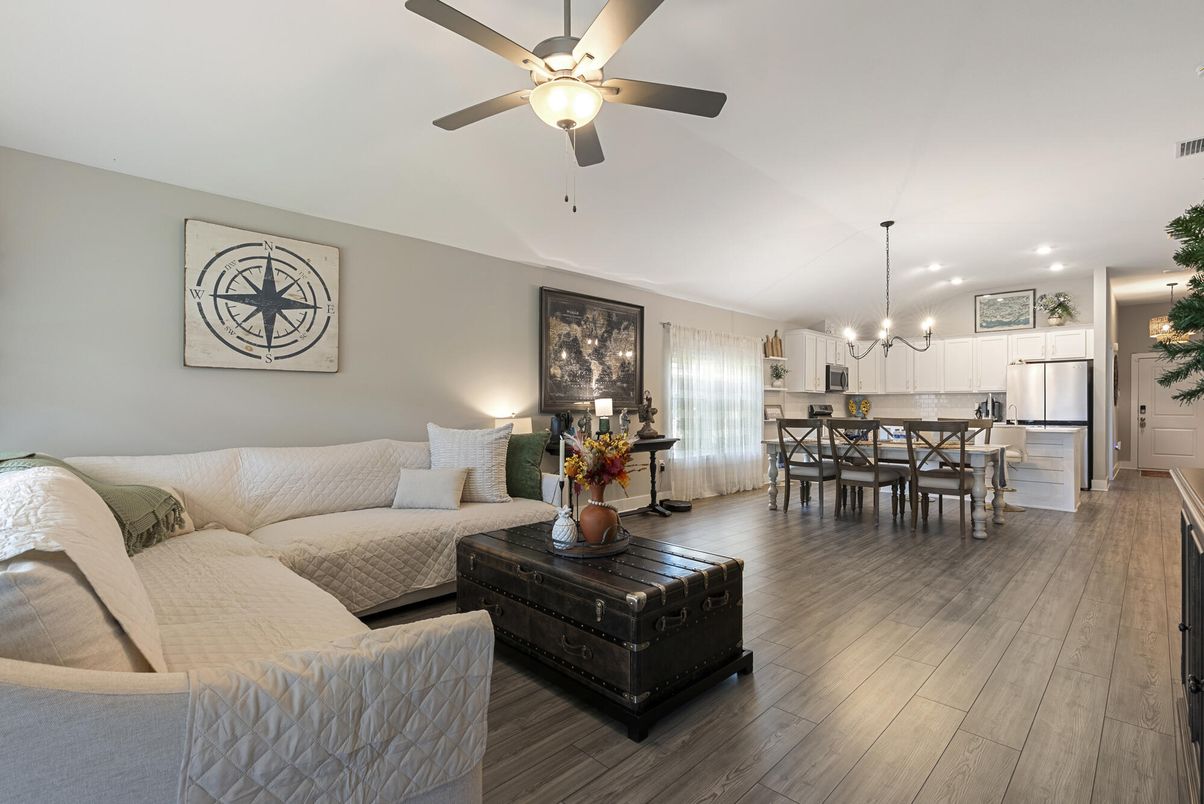 Chandelier, Dining room, Interior, Kitchen, Living room, Pendant Lights, Recessed Lighting, Stainless Steel Appliances, Wood Texture Flooring