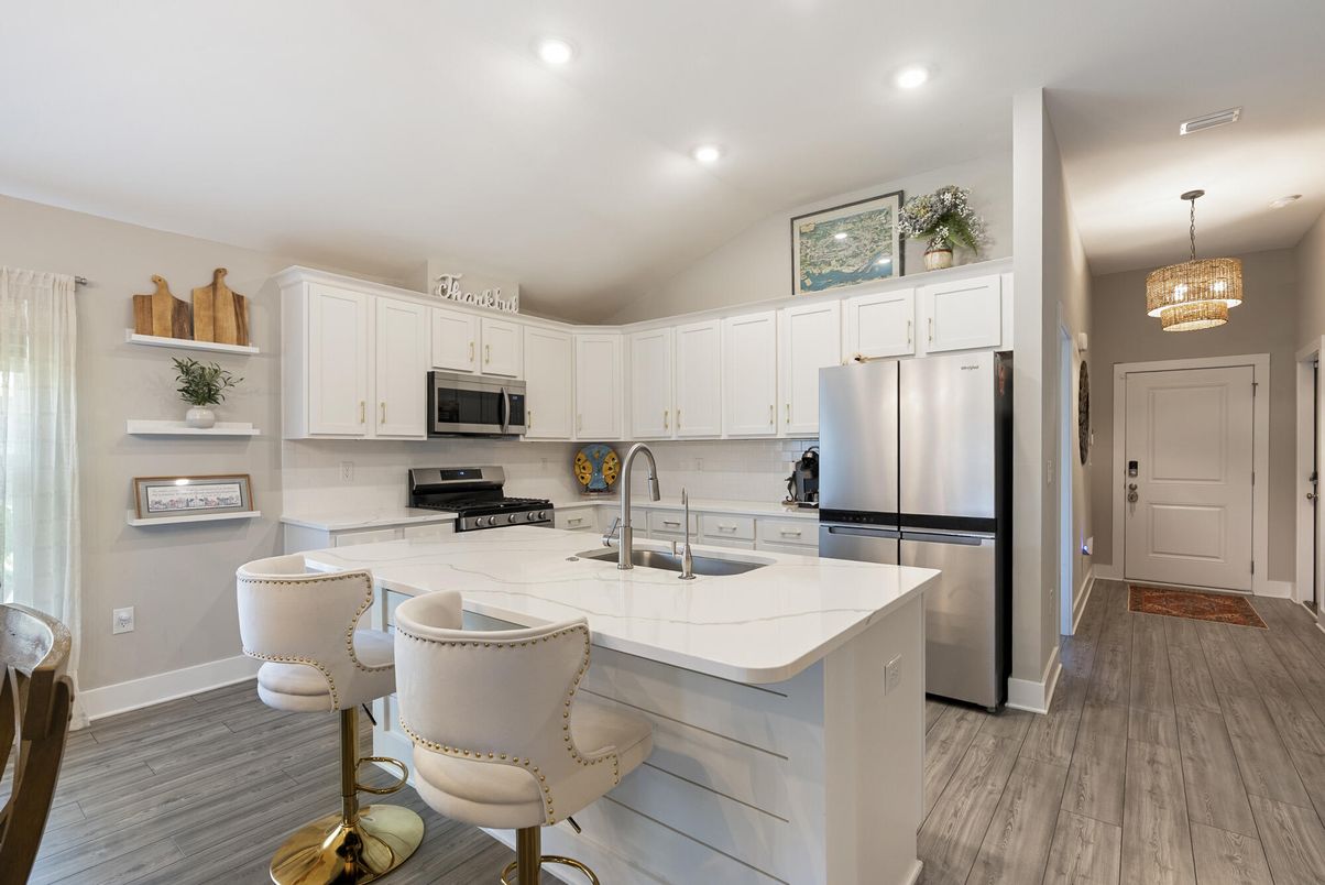 Chandelier, Interior, Kitchen, Recessed Lighting, Stainless Steel Appliances, Wood Texture Flooring