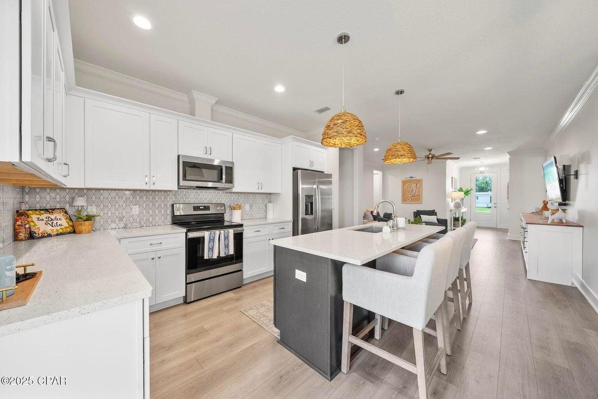 Interior, Kitchen, Pendant Lights, Recessed Lighting, Stainless Steel Appliances, Wood Texture Flooring