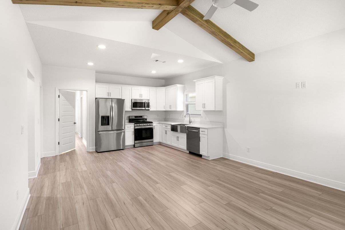 Interior, Kitchen, Recessed Lighting, Stainless Steel Appliances, Wooden Beams, Wood Texture Flooring