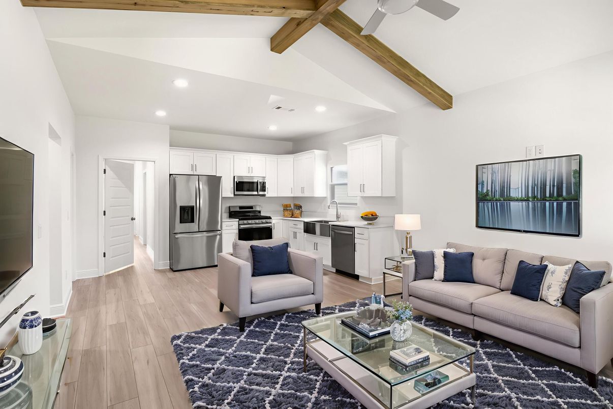 Interior, Kitchen, Living room, Recessed Lighting, Stainless Steel Appliances, Wooden Beams, Wood Texture Flooring