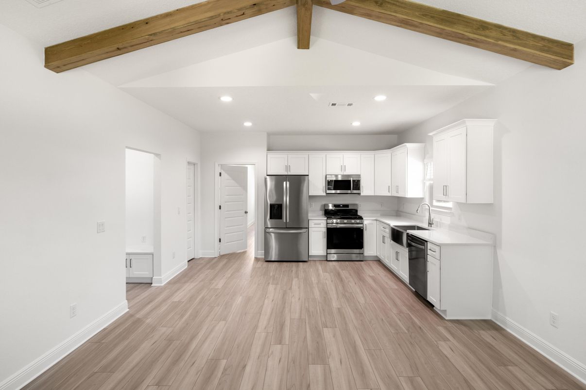 Interior, Kitchen, Recessed Lighting, Stainless Steel Appliances, Wooden Beams, Wood Texture Flooring