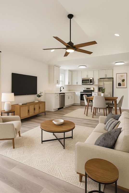 Dining room, Interior, Kitchen, Living room, Recessed Lighting, Stainless Steel Appliances, Wood Texture Flooring