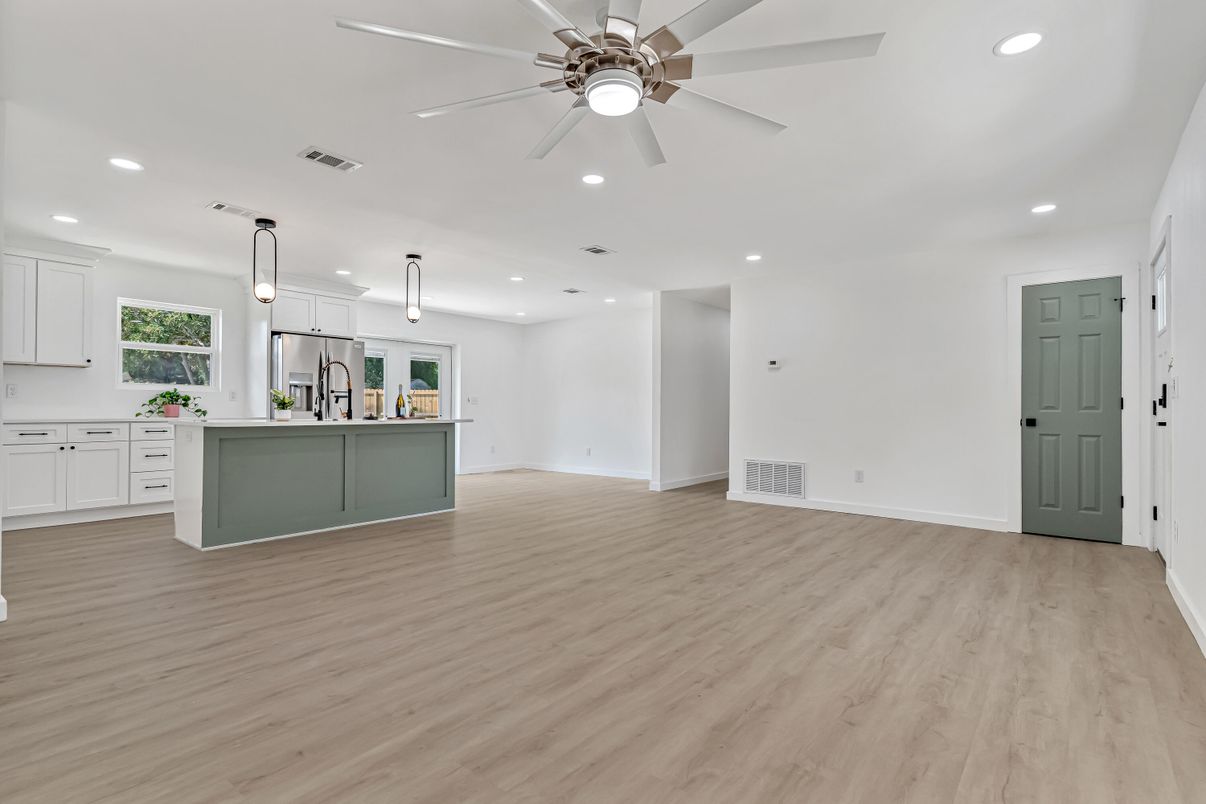 Empty room, Interior, Kitchen, Pendant Lights, Recessed Lighting, Wood Texture Flooring