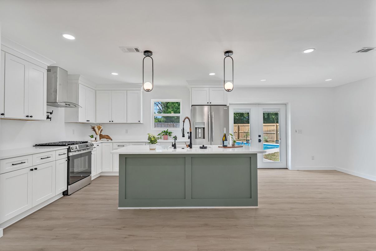 Interior, Kitchen, Pendant Lights, Recessed Lighting, Stainless Steel Appliances, Wood Texture Flooring