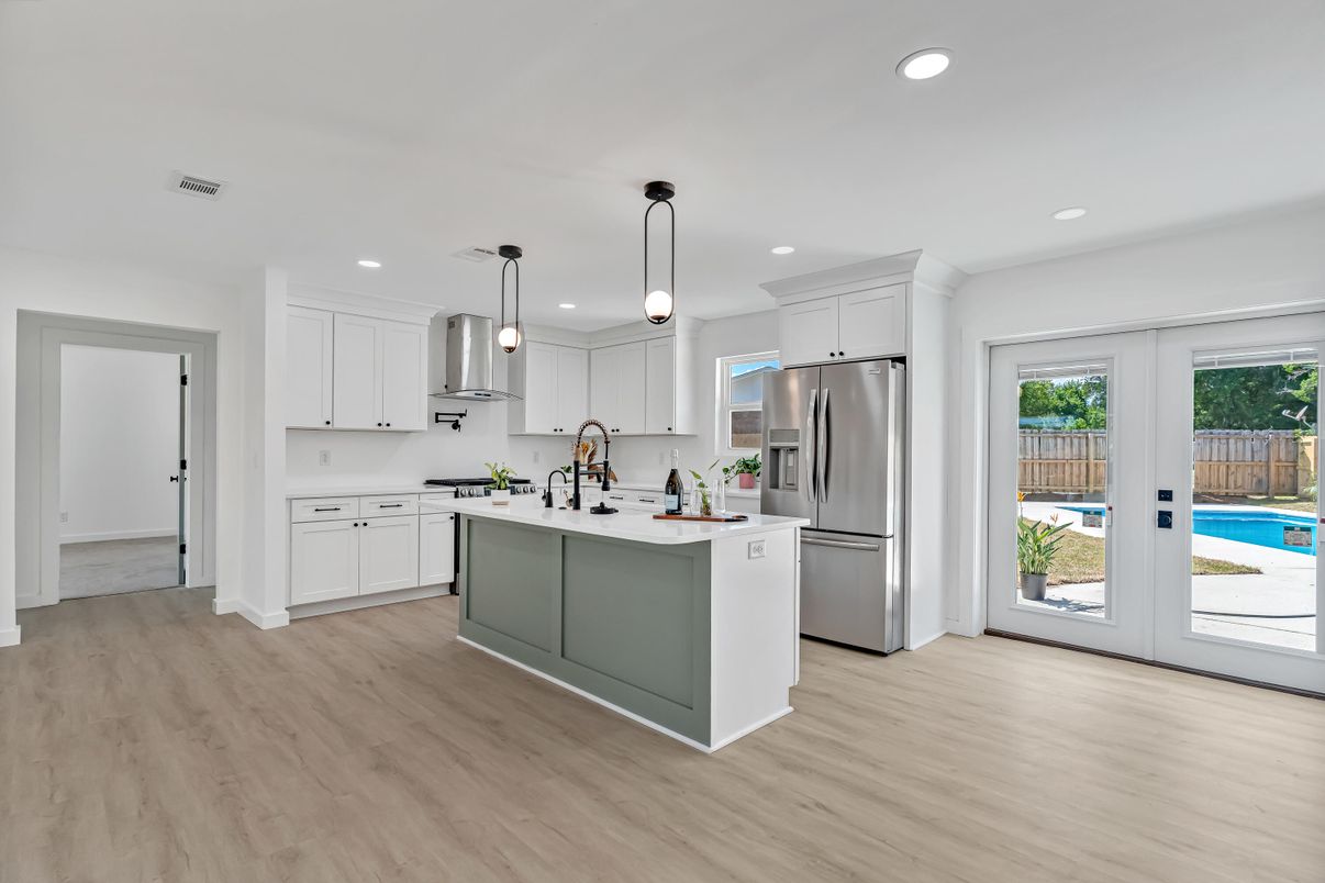 Interior, Kitchen, Pendant Lights, Recessed Lighting, Stainless Steel Appliances, Wood Texture Flooring