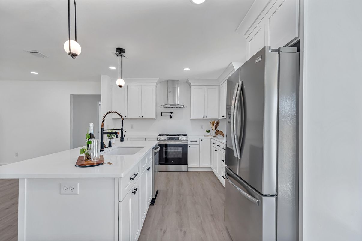 Interior, Kitchen, Pendant Lights, Recessed Lighting, Stainless Steel Appliances, Wood Texture Flooring