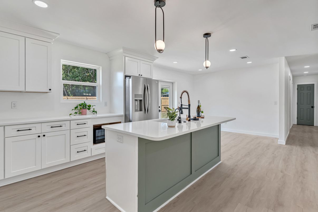 Interior, Kitchen, Pendant Lights, Recessed Lighting, Stainless Steel Appliances, Wood Texture Flooring