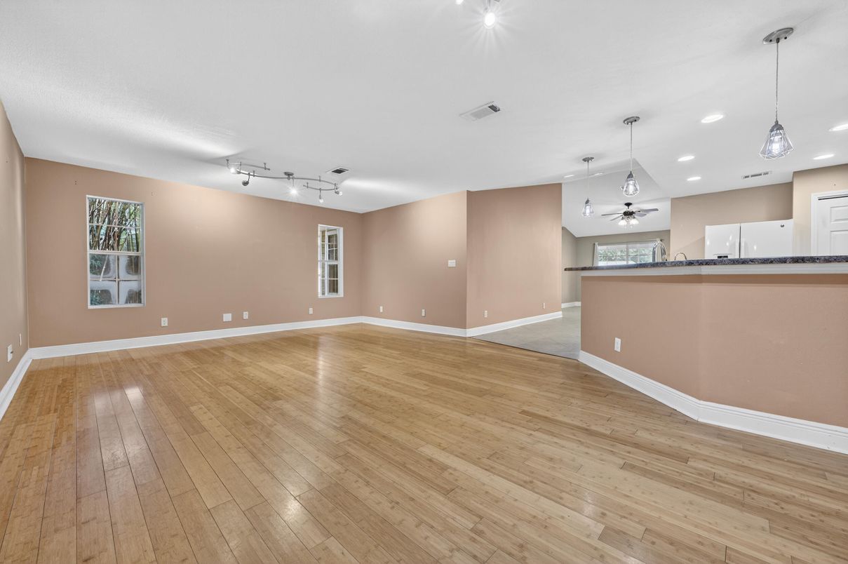 Empty room, Interior, Kitchen, Pendant Lights, Recessed Lighting, Wood Texture Flooring