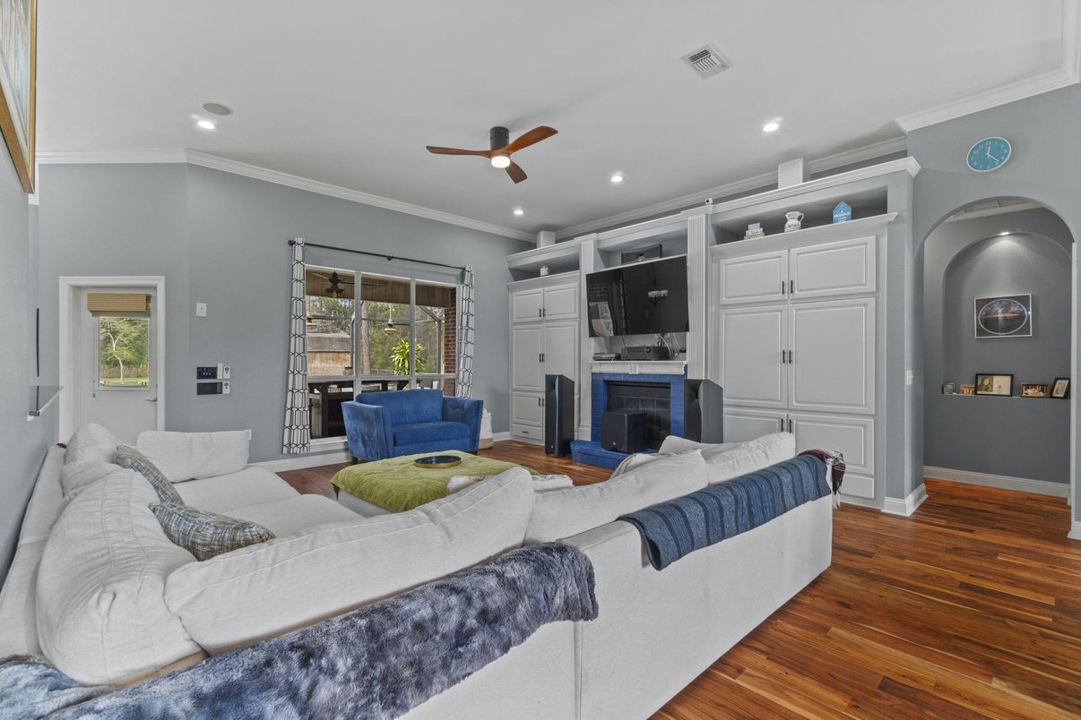 Fireplace, Interior, Living room, Recessed Lighting, Wood Texture Flooring