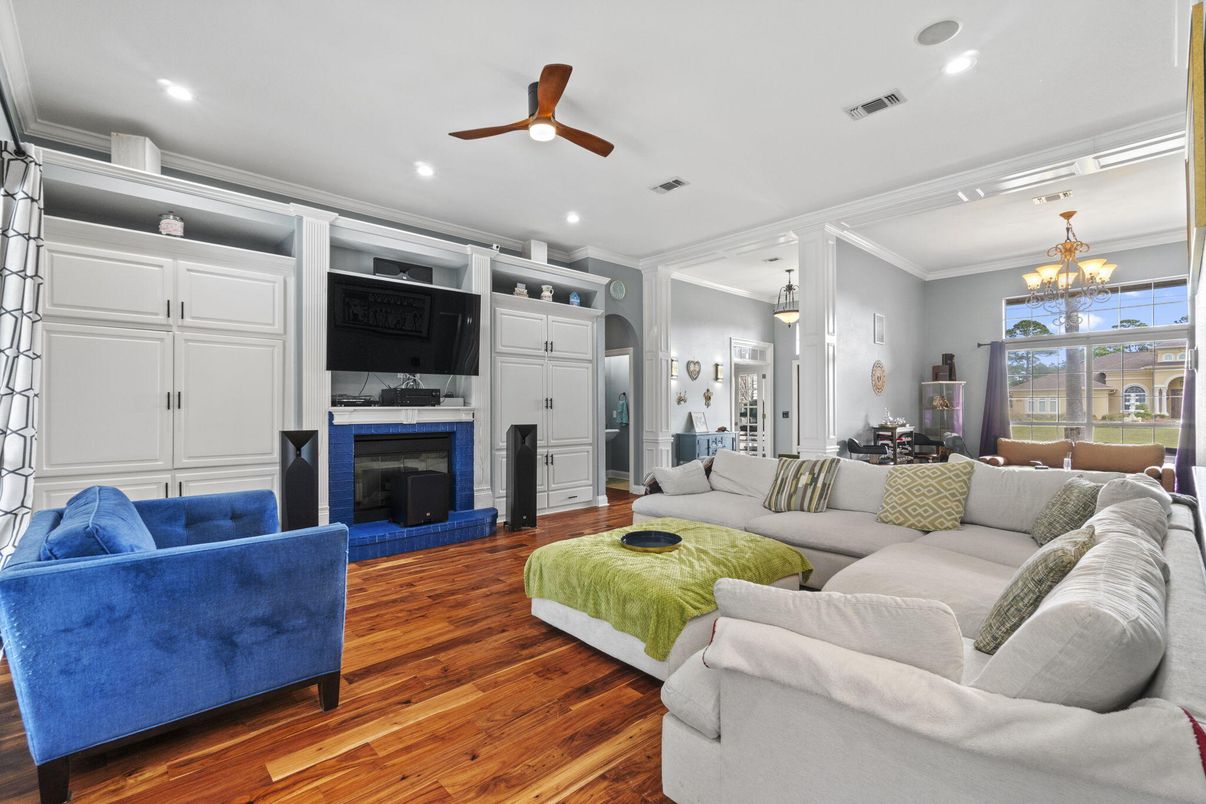 Chandelier, Dining room, Fireplace, Interior, Living room, Recessed Lighting, Wood Texture Flooring