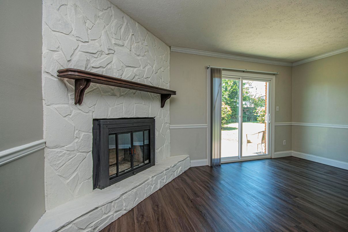 Empty room, Fireplace, Interior, Stone Walls, Wood Texture Flooring