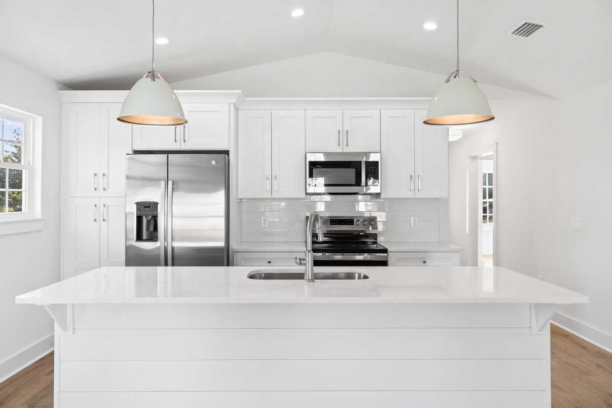 Interior, Kitchen, Pendant Lights, Recessed Lighting, Stainless Steel Appliances, Wood Texture Flooring