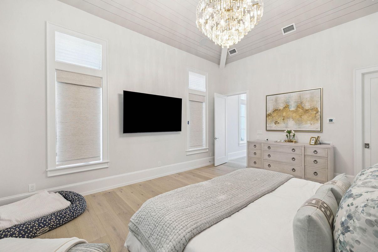 Bedroom, Chandelier, Interior, Wood Texture Flooring