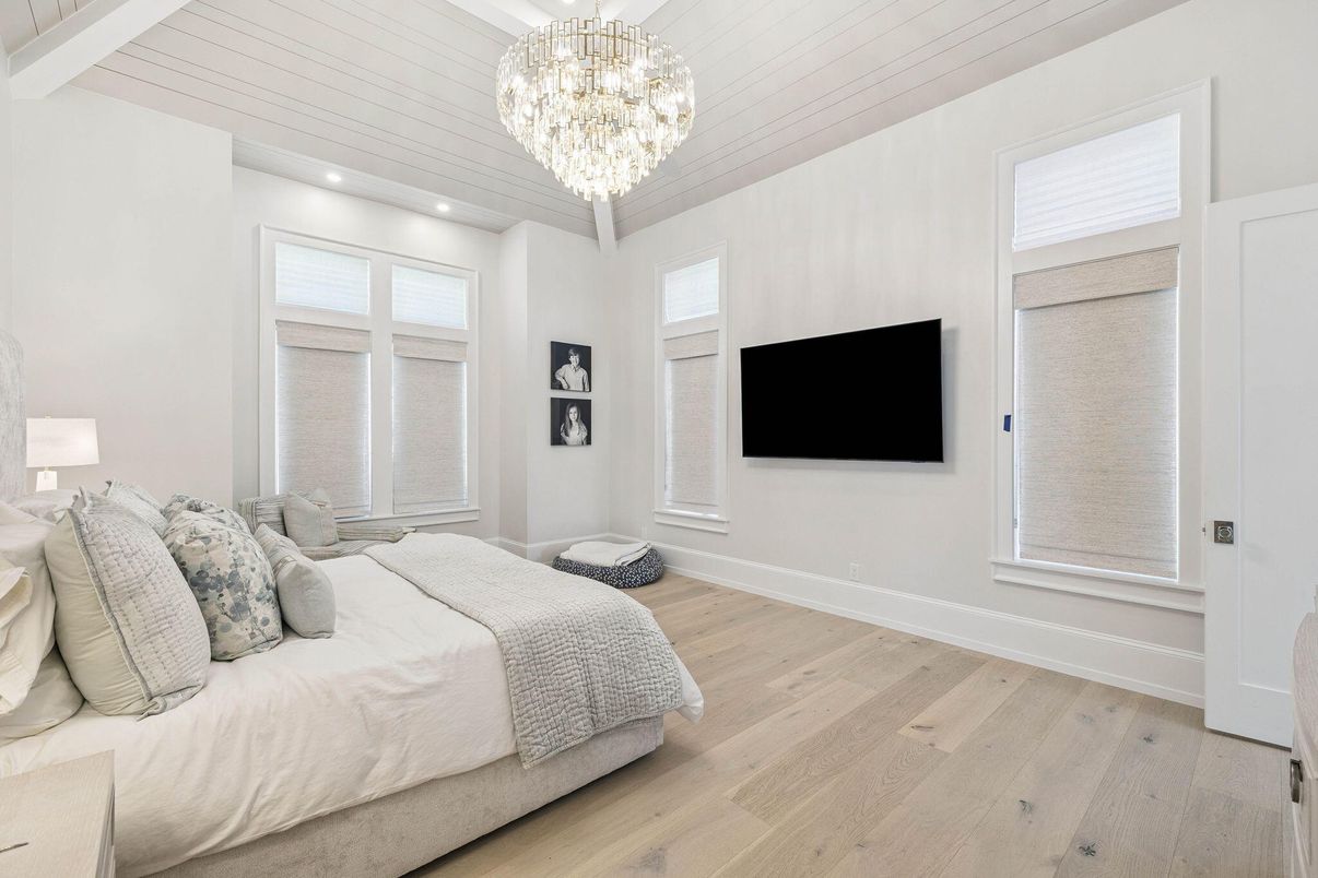 Bedroom, Chandelier, Interior, Recessed Lighting, Wood Texture Flooring