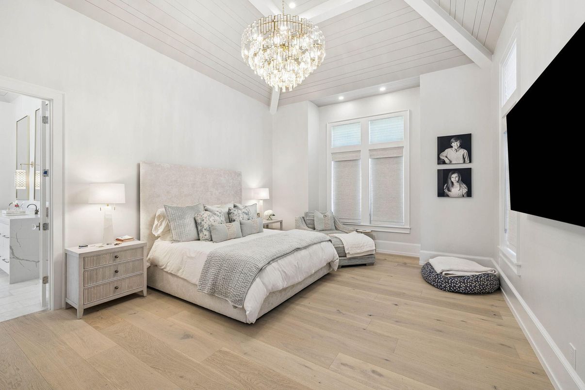 Bedroom, Chandelier, Interior, Recessed Lighting, Wood Texture Flooring