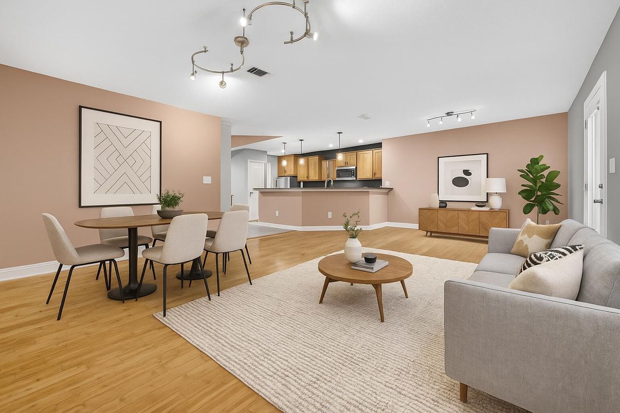 Dining room, Interior, Kitchen, Living room, Pendant Lights, Wood Texture Flooring
