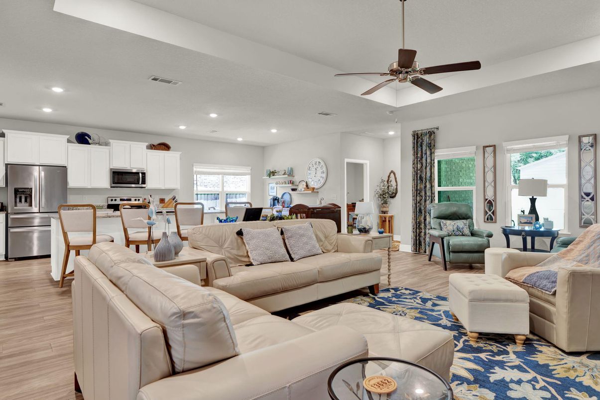 Dining room, Interior, Kitchen, Living room, Recessed Lighting, Stainless Steel Appliances, Wood Texture Flooring