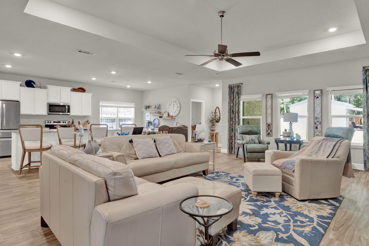 Dining room, Interior, Kitchen, Living room, Recessed Lighting, Stainless Steel Appliances, Wood Texture Flooring