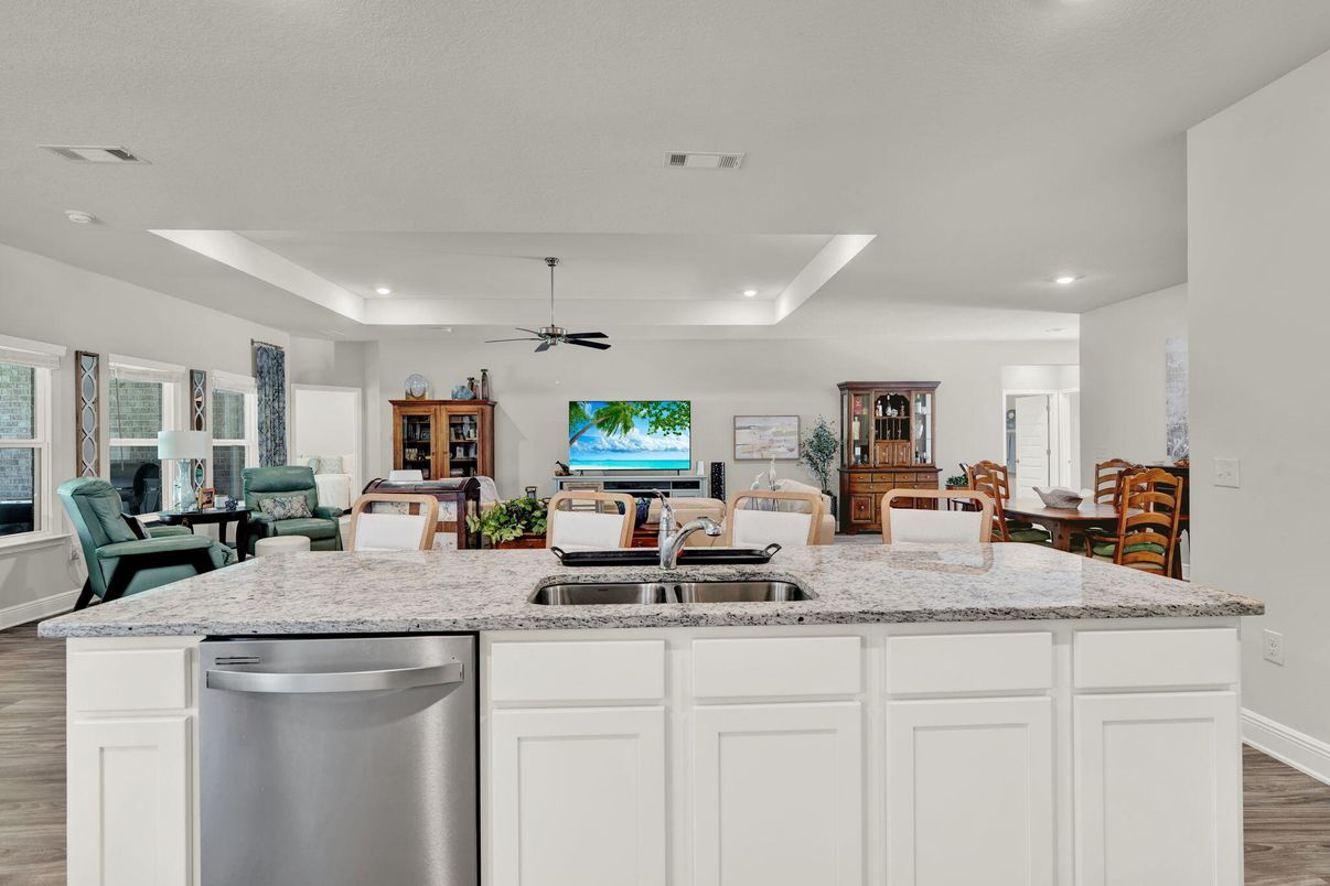 Dining room, Interior, Kitchen, Living room, Recessed Lighting, Stainless Steel Appliances, Wood Texture Flooring