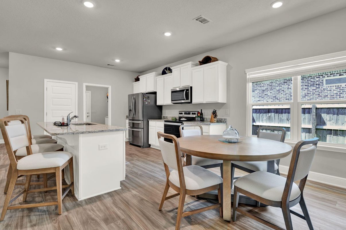 Dining room, Interior, Kitchen, Recessed Lighting, Wood Texture Flooring