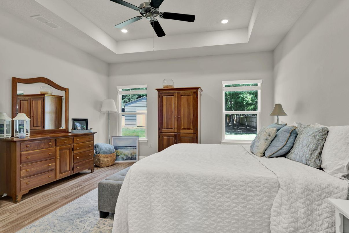 Bedroom, Interior, Recessed Lighting, Wood Texture Flooring