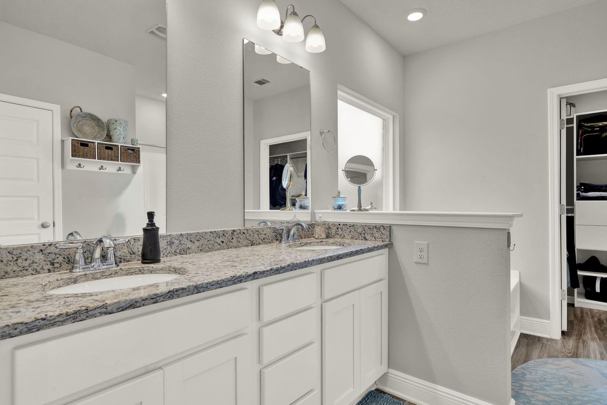 Bathroom, Dual Sink Vanities, Interior, Recessed Lighting, Wood Texture Flooring