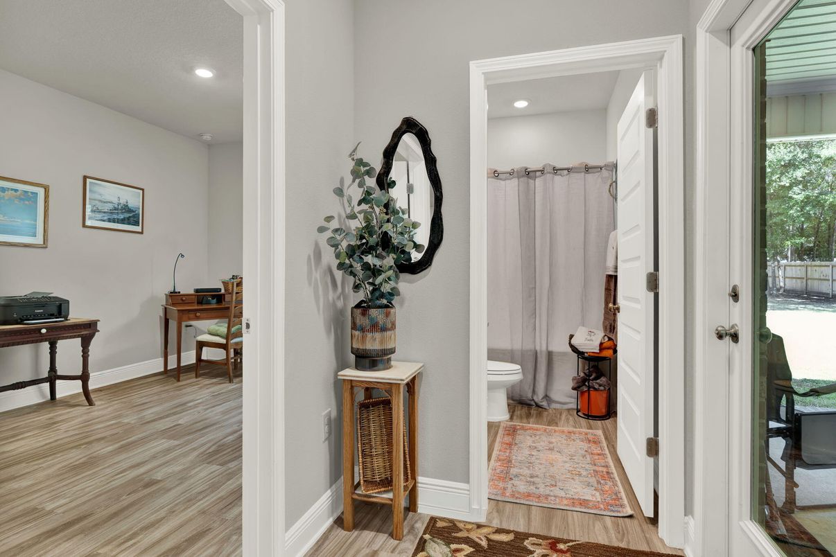 Bathroom, Interior, Recessed Lighting, Wood Texture Flooring