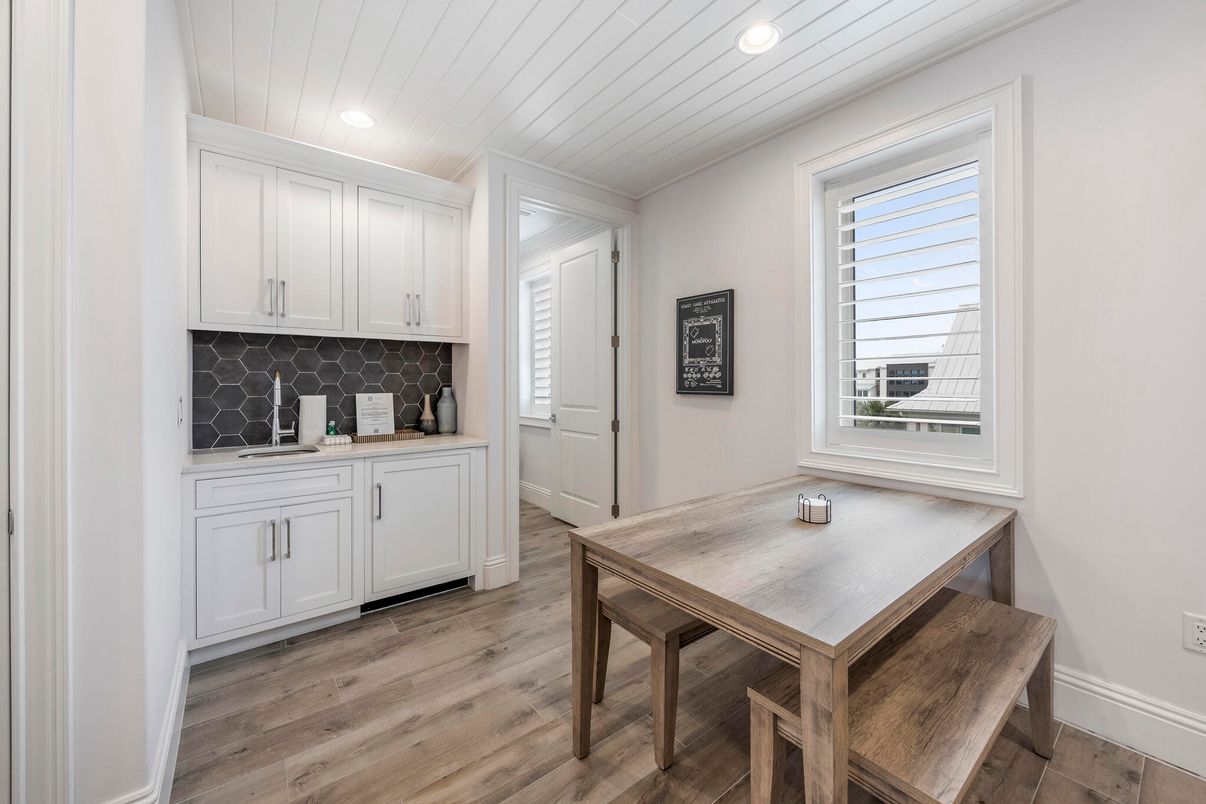Dining room, Interior, Recessed Lighting, Wood Texture Flooring