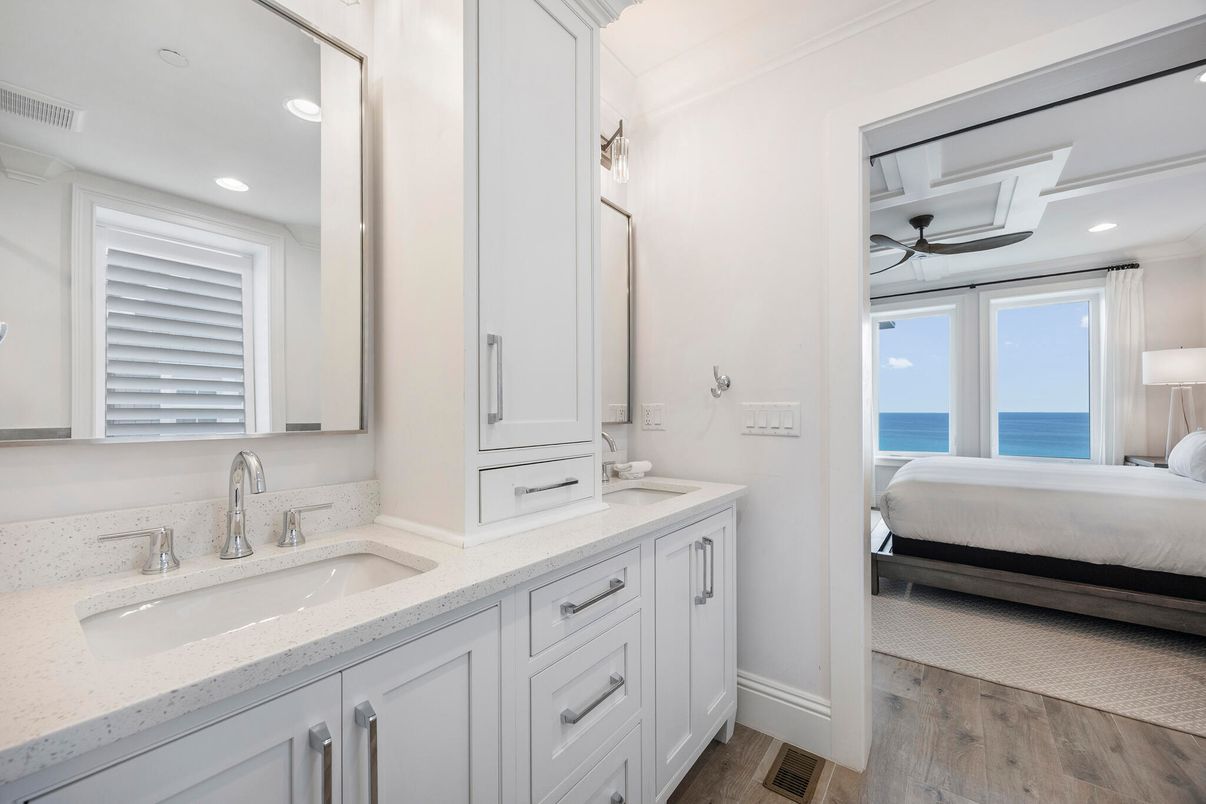 Bathroom, Bedroom, Dual Sink Vanities, Interior, Recessed Lighting, Water, Wood Texture Flooring