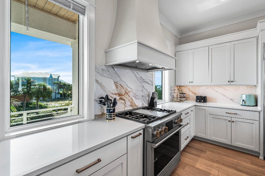 Interior, Kitchen, Marble Walls, Stainless Steel Appliances, Wood Texture Flooring