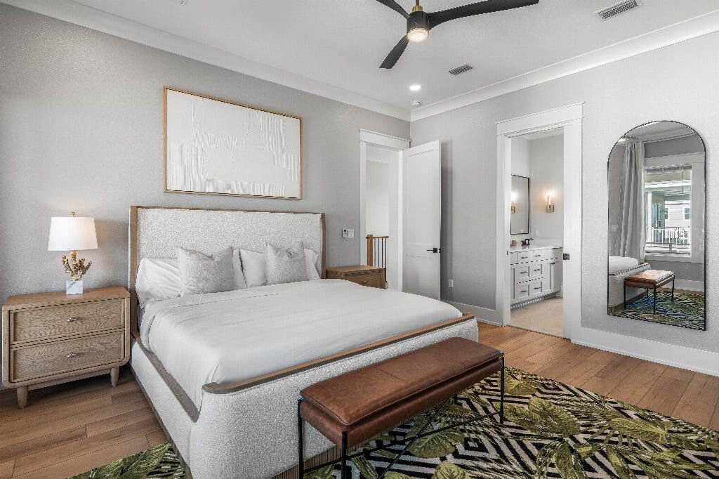 Bedroom, Interior, Recessed Lighting, Wood Texture Flooring