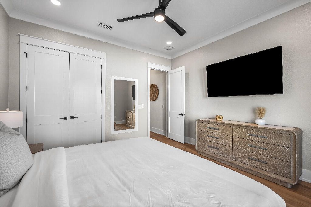 Bedroom, Interior, Recessed Lighting, Wood Texture Flooring