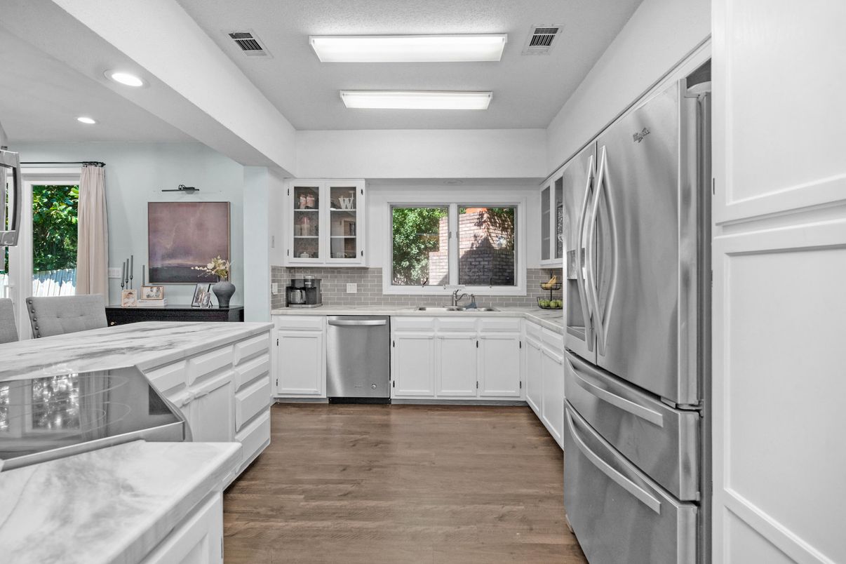 Interior, Kitchen, Recessed Lighting, Stainless Steel Appliances, Wood Texture Flooring