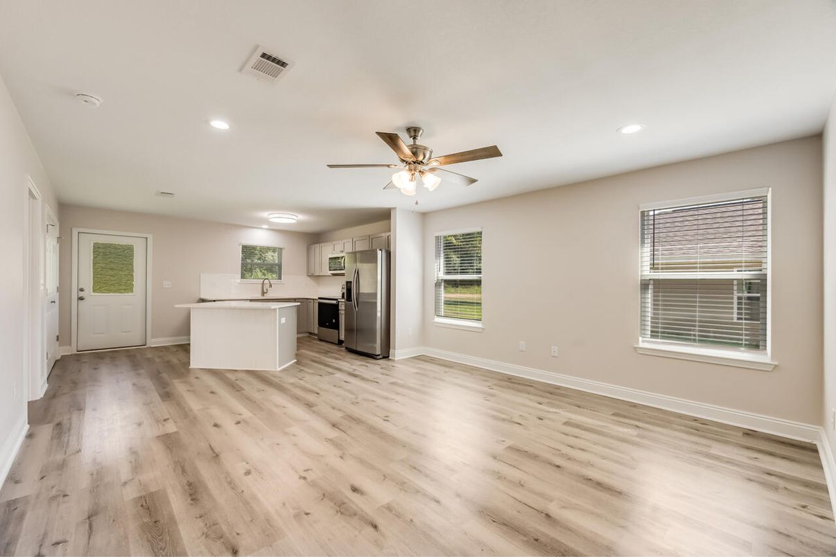 Empty room, Interior, Kitchen, Recessed Lighting, Wood Texture Flooring