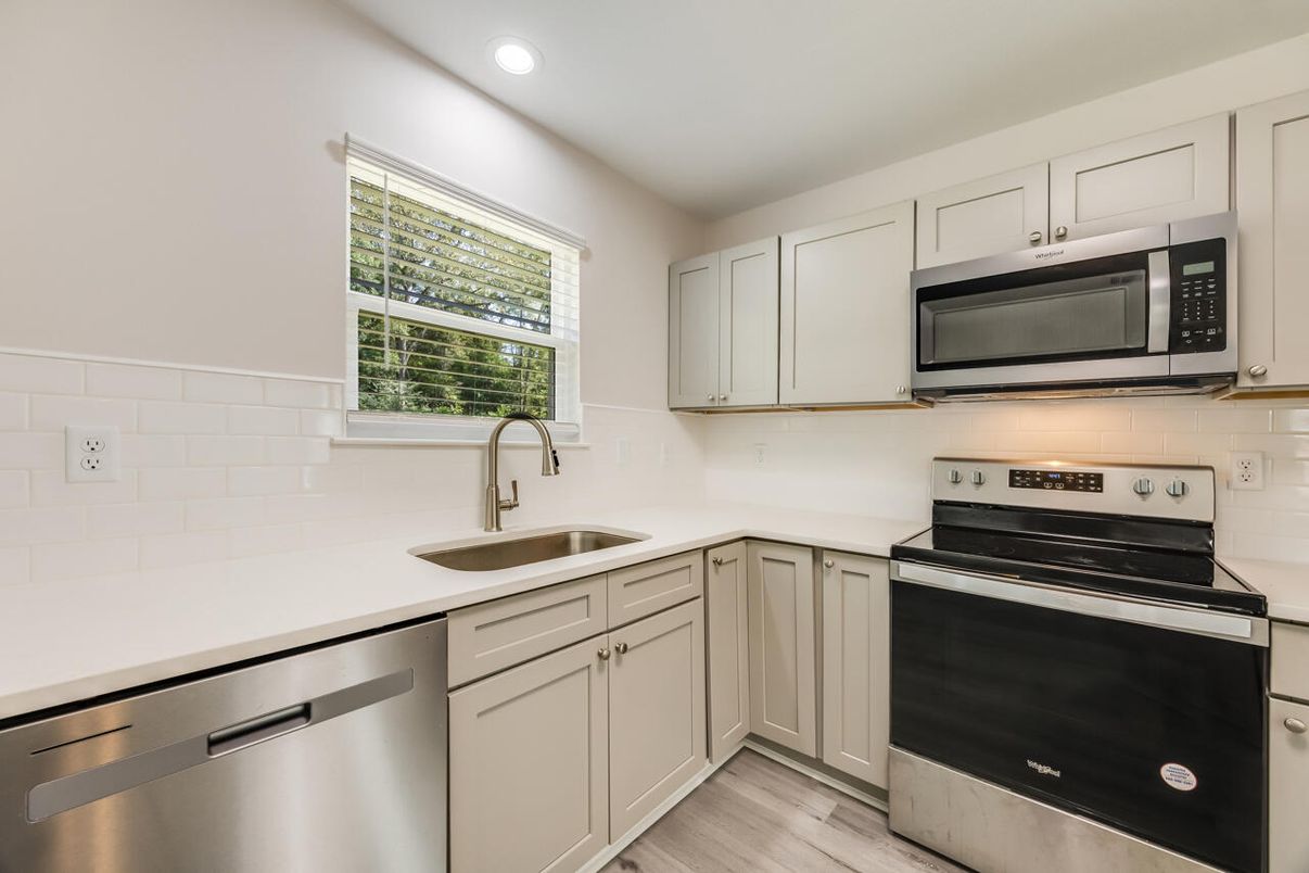 Interior, Kitchen, Recessed Lighting, Stainless Steel Appliances, Wood Texture Flooring