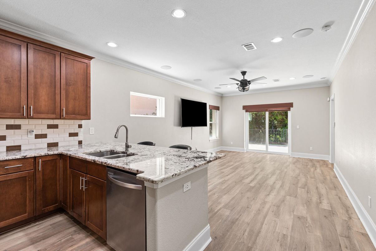 Interior, Kitchen, Recessed Lighting, Wood Texture Flooring