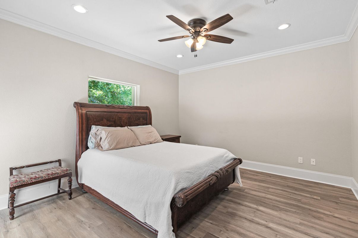 Bedroom, Interior, Recessed Lighting, Wood Texture Flooring