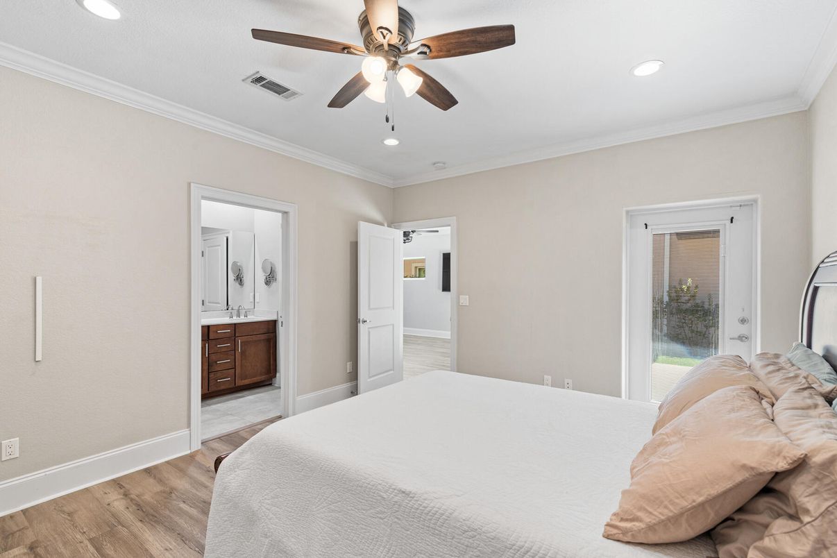 Bedroom, Interior, Recessed Lighting, Wood Texture Flooring